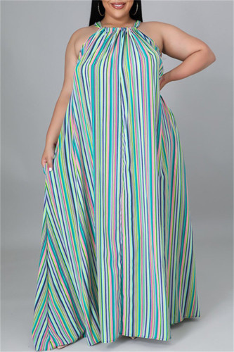 Green Fashion Casual Plus Size Striped Print Backless O Neck Sleeveless Dress