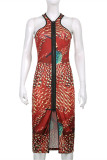 Rotes, modisches, ärmelloses Kleid mit Patchwork-Reißverschluss und O-Ausschnitt