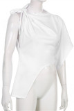 ホワイト ファッション カジュアル ソリッド パッチワーク 非対称 O ネック T シャツ