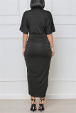 Черное модное повседневное однотонное лоскутное платье с V-образным вырезом и коротким рукавом