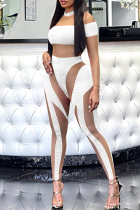 Macacão skinny de retalhos sexy moda branca transparente com gola O
