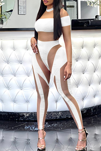White Fashion Sexy Patchwork See-through O Neck Skinny Jumpsuits