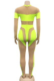 Tute skinny trasparenti con scollo a O trasparente alla moda verde fluorescente