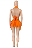 Orange Fashion Sexy Solid Bandage Backless Swimwears Three-piece Set (Without Paddings)