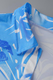 Gola de abertura básica manga curta com estampa casual moda azul duas peças