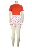 Tangerine Red Fashion Casual Lips Printed Patchwork O Neck Short Sleeve Two Pieces