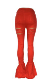 Red Sexy Street Solid Bandage Hollowed Out Patchwork High Waist Lace Up Denim Jeans