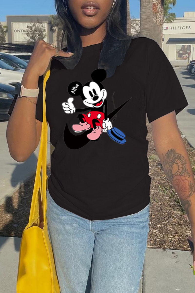 

Black Fashion Street Character Split Joint O Neck T-Shirts