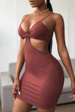 Rose Marron Sexy Casual Solide Évidé Dos Nu Spaghetti Strap One Step Jupe Robes