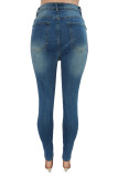 I jeans denim skinny a vita alta patchwork strappati solidi alla moda blu da cowboy