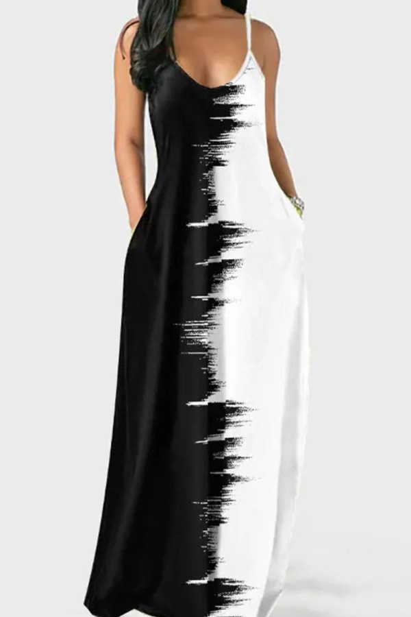 ブラック ホワイト カジュアル プリント パッチワーク スパゲッティ ストラップ スリング ドレス ドレス