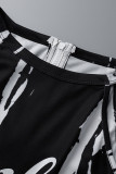 ブラック カジュアル プリント パッチワーク 非対称 ストラップレス プラスサイズ ジャンプスーツ
