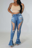 Black Sexy Street Solid Bandage Hollowed Out Patchwork High Waist Denim Jeans