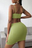 Verde claro Sexy Casual Sólido Ahuecado Sin espalda Correa de espagueti Vestidos de falda de un paso
