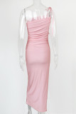 ピンクのファッションセクシーなソリッドバックレススリットスパゲッティストラップロングドレス