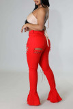 Röd Sexig Street Solid Bandage urholkat lapptäcke Jeans med hög midja