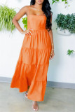 オレンジファッションカジュアルソリッドバックレススパゲッティストラップロングドレス