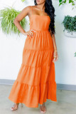 Оранжевое модное повседневное однотонное длинное платье на тонких бретелях с открытой спиной