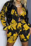 Yellow Casual Print Split Joint Buckle Turndown Collar Long Sleeve Two Pieces
