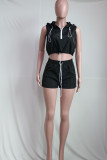 Black Casual Solid Patchwork Hooded Collar Sleeveless Two Pieces
