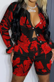 Black Red Casual Print Split Joint Buckle Turndown Collar Long Sleeve Two Pieces