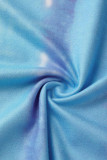 Vestido azul fashion casual plus size com estampa básica decote em U