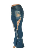 Jeans in denim a vita alta patchwork scavato con fasciatura solida da strada sexy blu baby
