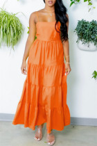 Оранжевое модное повседневное однотонное длинное платье на тонких бретелях с открытой спиной
