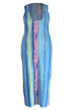 ブルーファッションカジュアルプラスサイズプリントベーシックUネックベストドレス