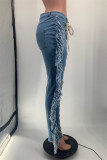 Baby Blue Fashion Casual Solid Bandage Patchwork High Waist Lace Up Tassel Skinny Denim Jeans