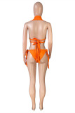 Orange Mode Sexig Solid Bandage Rygglösa badkläder Set i tre delar (utan vadderingar)