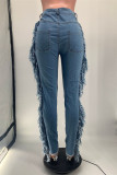 Babyblauwe mode casual effen kwastje bandage patchwork skinny denim jeans met hoge taille