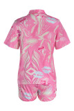 ピンクファッションカジュアルプリントベーシックターンダウンカラー半袖ツーピース
