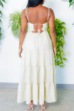 ホワイトファッションカジュアルソリッドバックレススパゲッティストラップロングドレス