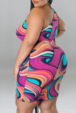 Purple Sexy Print Hollowed Out Draw String Frenulum Backless One Shoulder Sleeveless Dress Plus Size Dresses