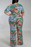 Oranje Groen Mode Casual Print Basic Schuine Kraag Plus Size Jumpsuits