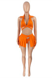 Conjunto de tres piezas de trajes de baño sin espalda de vendaje sólido sexy de moda naranja (sin rellenos)