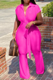 Pink Fashion Casual Solid Patchwork Turndown Collar Plus Size Jumpsuits
