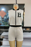 White Fashion Casual Letter Print Patchwork Zipper Collar T-Shirts