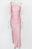 Розовое модное сексуальное однотонное длинное платье на тонких бретельках с открытой спиной и разрезом на бретелях