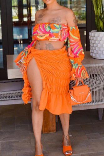 Orange Fashion Sexy Print Backless Slit Off the Shoulder Long Sleeve Two Pieces
