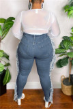 Baby Blue Fashion Casual Solid Tassel Bandage Patchwork High Waist Skinny Denim Jeans