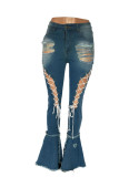 Baby Blue Sexy Street Solid Bandage Hollowed Out Patchwork High Waist Lace Up Denim Jeans