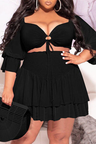 Black Fashion Sexy Solid Bandage V Neck Plus Size Two Pieces