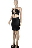 Black Sexy Solid Bandage Hollowed Out Patchwork Backless Spaghetti Strap Two Pieces