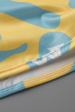 Gola de abertura básica manga curta com estampa casual moda azul duas peças