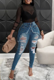 The cowboy blue Fashion Casual Solid Patchwork High Waist Ripped Skinny Denim Jeans
