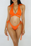 オレンジファッションセクシーな固体包帯背中の開いた水着スリーピースセット（パディングなし）