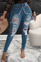 Cowboyblå Mode Casual Solid Ripped Patchwork Skinny Jeans med hög midja