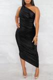 Black Casual Solid Patchwork Fold Asymmetrical Oblique Collar Dresses